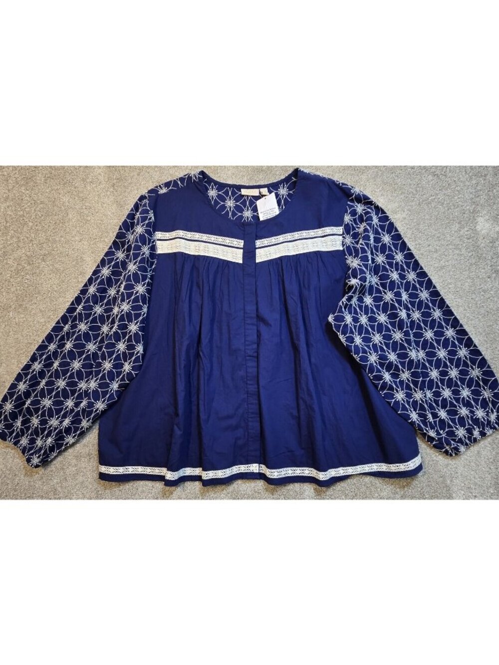 Logo Lavish Embroidered Crochet Lace Boho Tunic Top Snap Up Pockets Blue 2X New